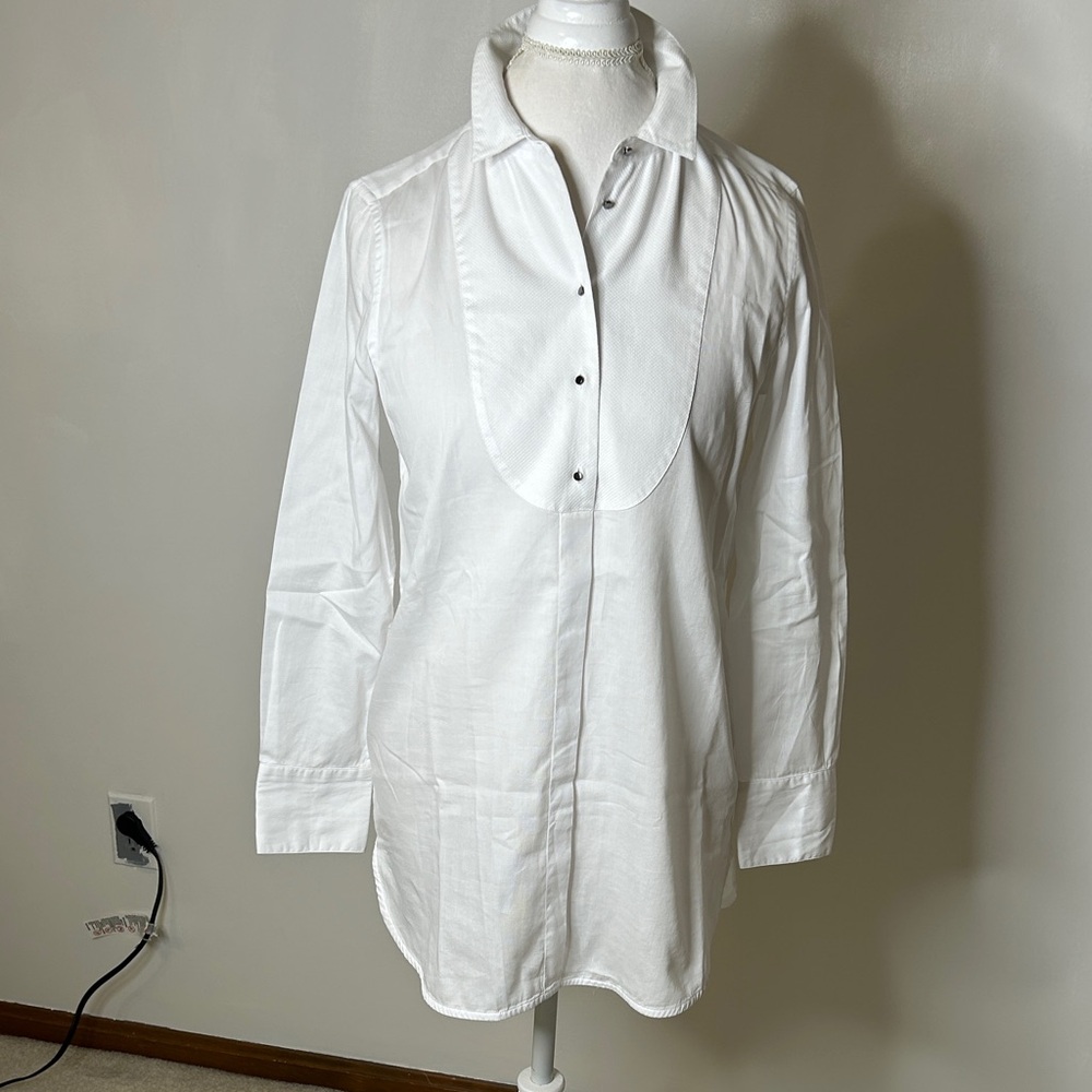 L.K. BENNETTE Elegant White Tuxedo Shirt with Textured Bib Sz 6